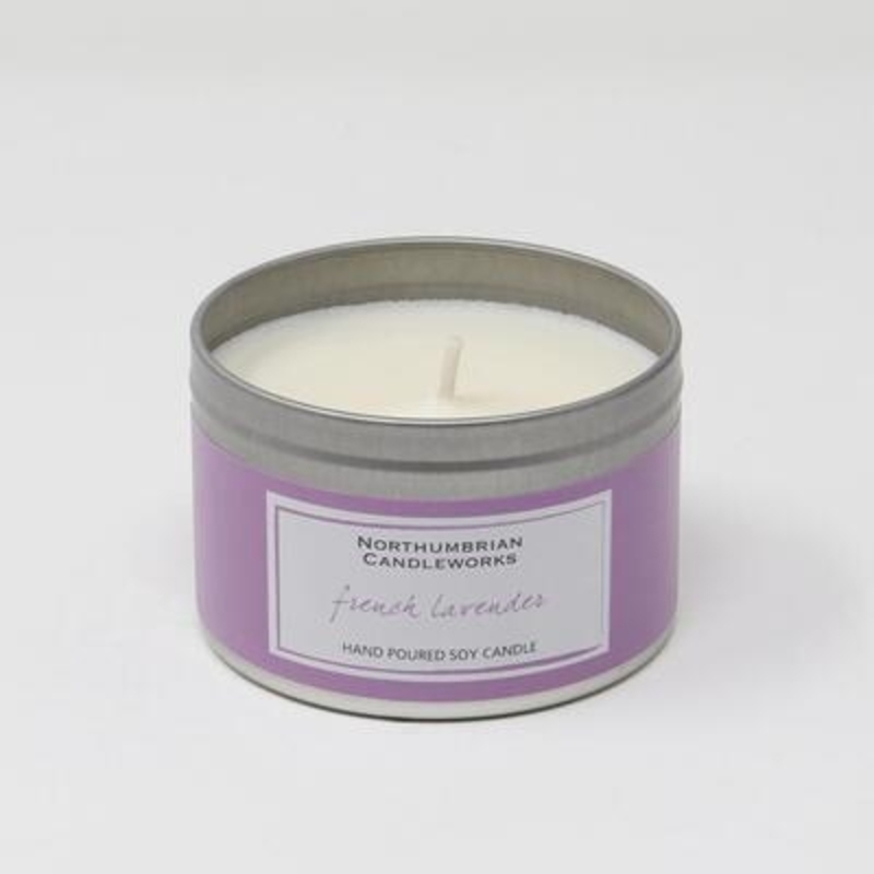 Northumbrian Candleworks French Lavender Soy Candle Tin Enjoy the very vintage scent of French Lavender a fresh and floral fragrance with deep herbal undertones transporting you to picturesque Provençal fields. The large candle tin really does look as good as it smells and will sit beautifully on a shelf or coffee table or window sill. The choice is yours.